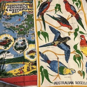 VTG Souvenir Linen Tea Towel Australian Scenic Bay Local Bird Kitchen Dish 17x28